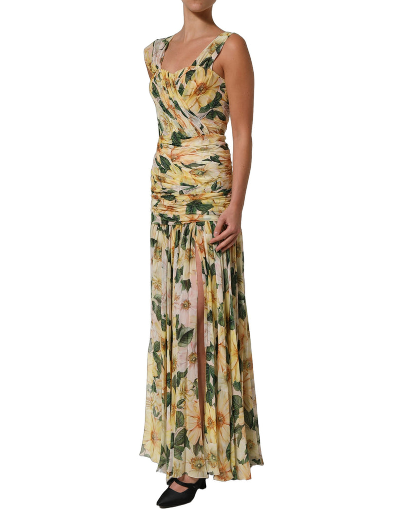Dolce & Gabbana Yellow Floral Print Silk Pleated Maxi Dress