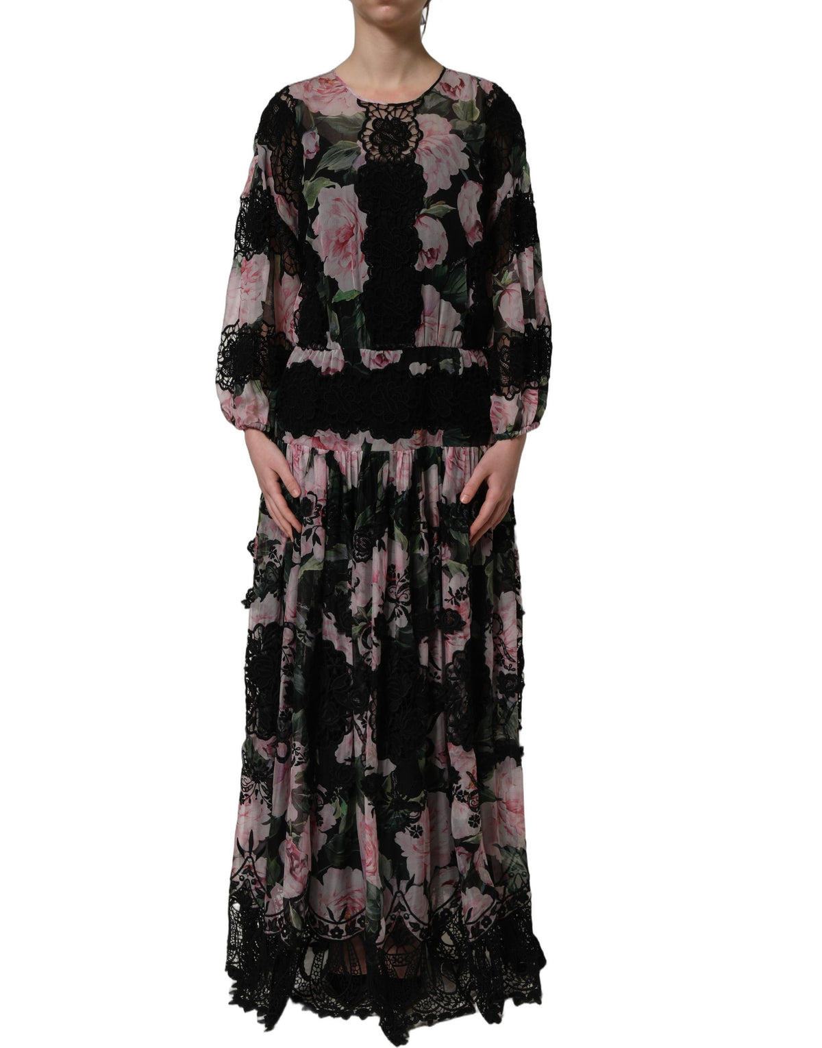Dolce & Gabbana Black Floral Print Lace Maxi Dress