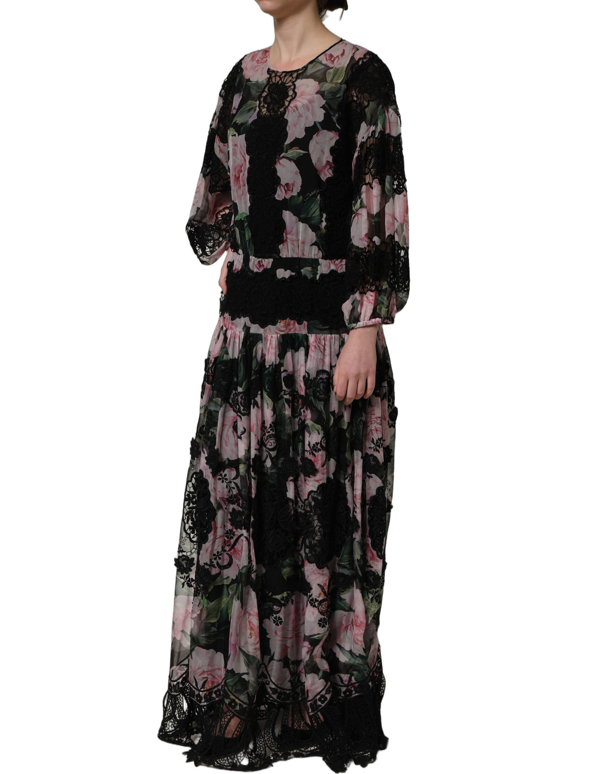 Dolce & Gabbana Black Floral Print Lace Maxi Dress