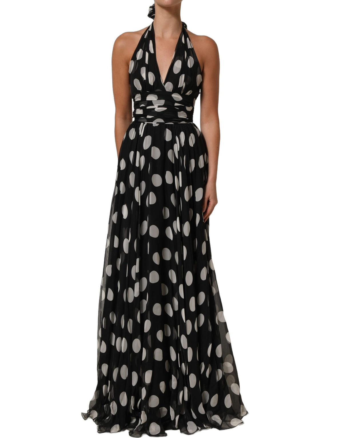 Dolce & Gabbana Black and White Polka Dot Pleated Maxi Dress
