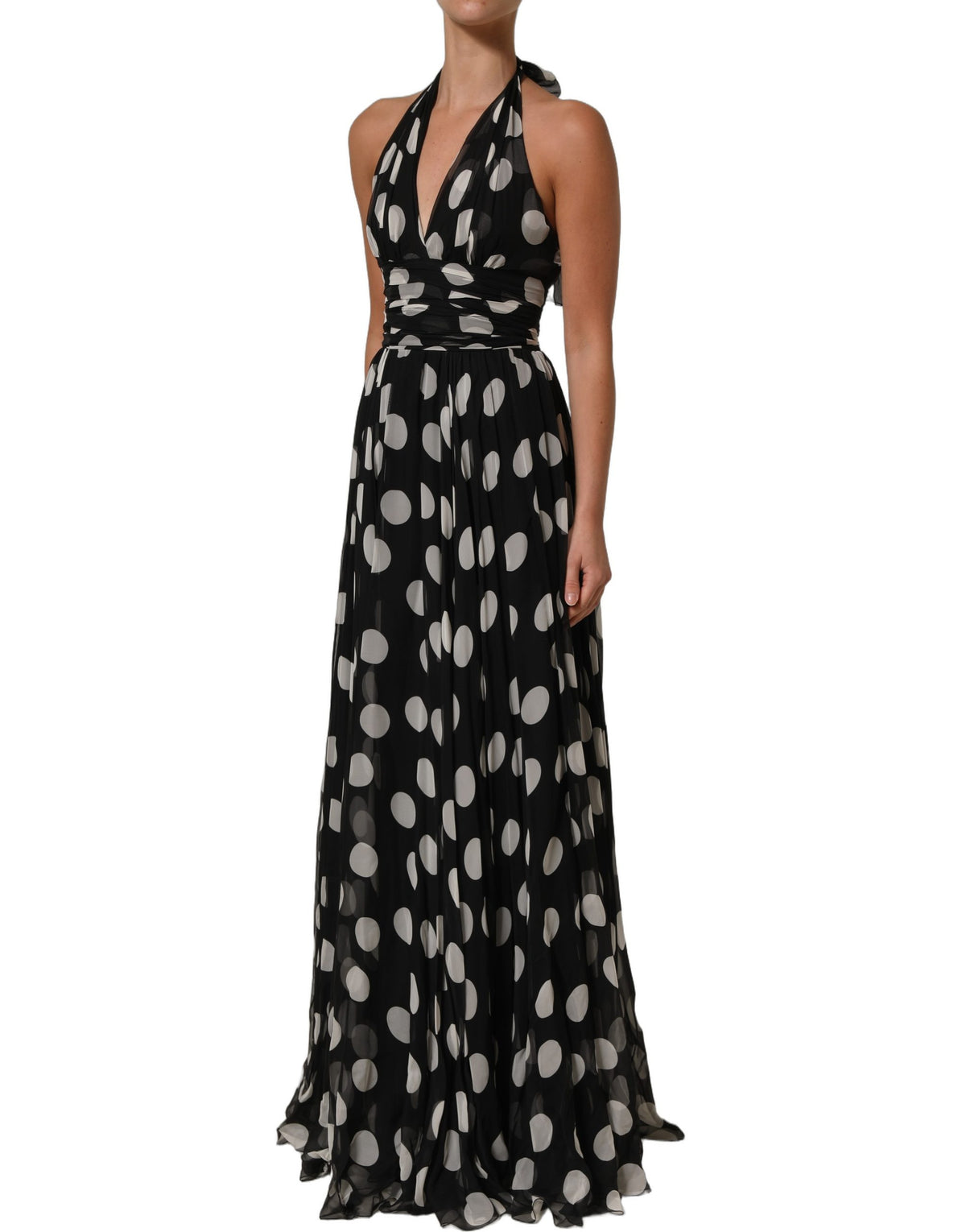 Dolce & Gabbana Black and White Polka Dot Pleated Maxi Dress
