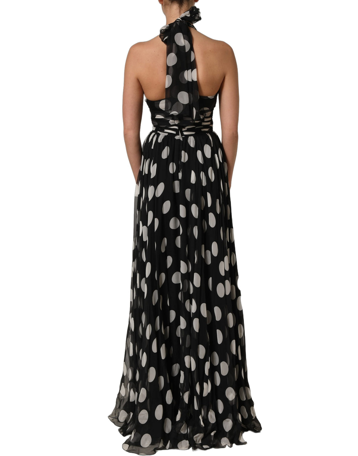 Dolce & Gabbana Black and White Polka Dot Pleated Maxi Dress