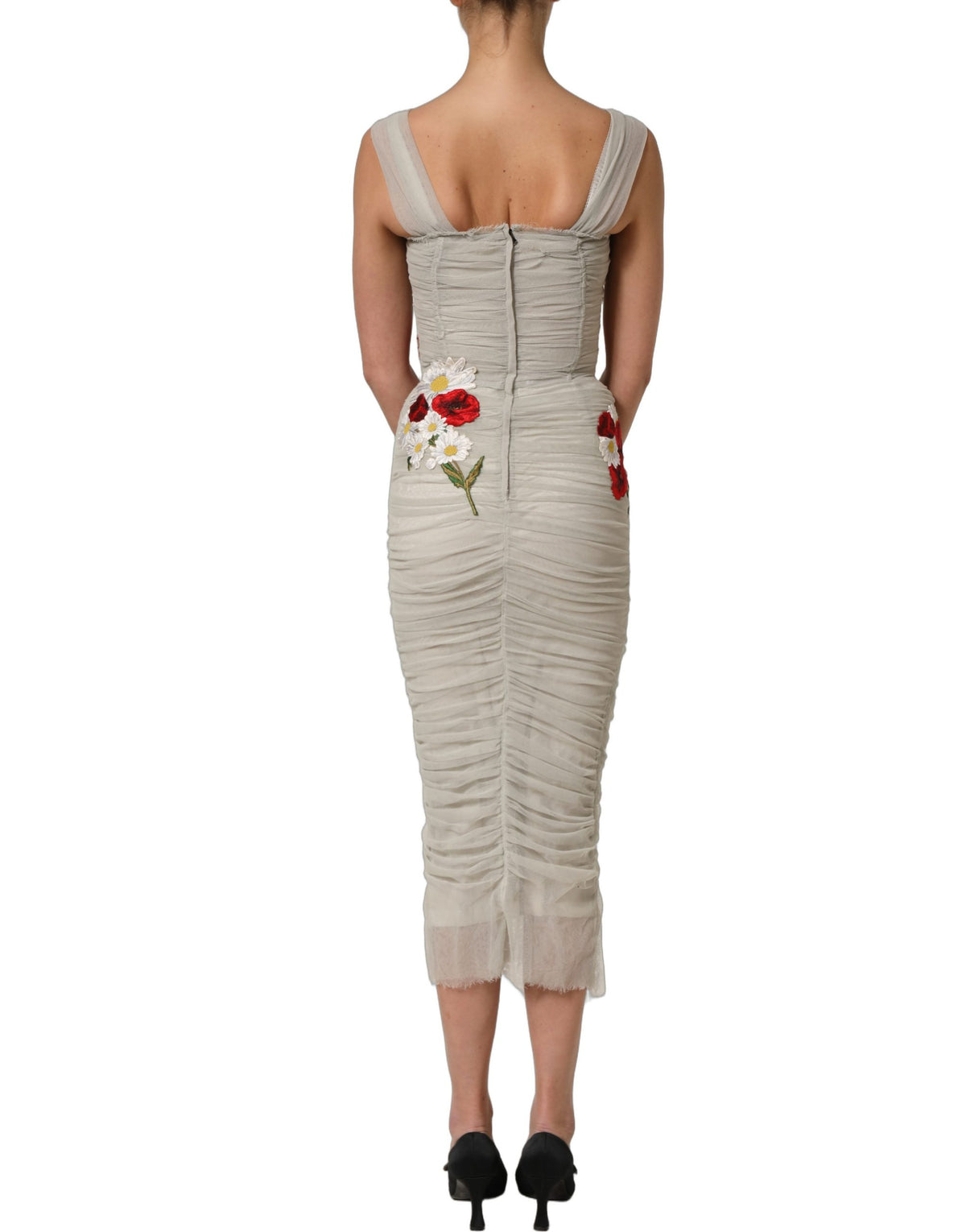 Dolce & Gabbana Light Gray Rose Embroidery Sheath Midi Dress