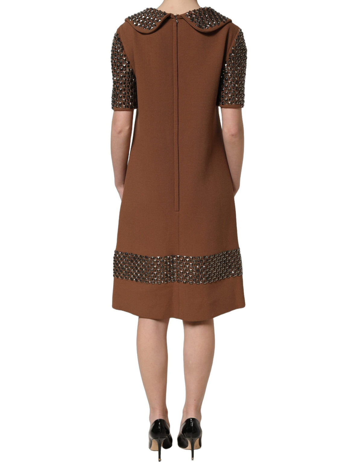 Dolce & Gabbana Brown Wool Rhinestone Embellished Midi Dress