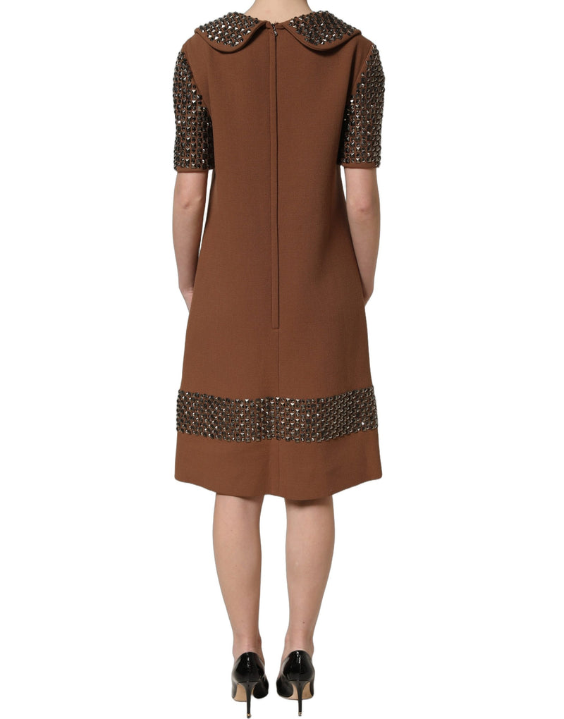 Dolce & Gabbana Brown Wool Rhinestone Embellished Midi Dress