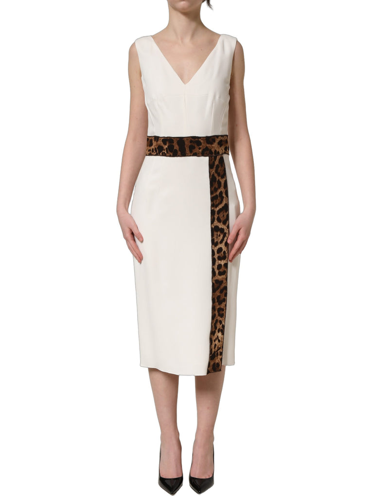 Dolce & Gabbana White Leopard Sleeveless Sheath Midi Dress