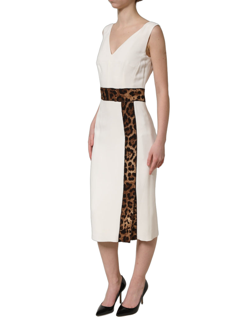 Dolce & Gabbana White Leopard Sleeveless Sheath Midi Dress