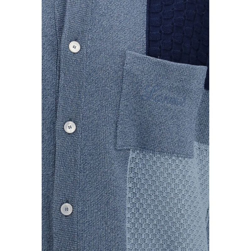 Laneus Blue Cotton Short-Sleeve Patchwork Cardigan