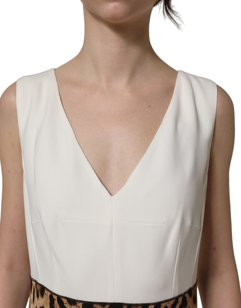 Dolce & Gabbana White Leopard Sleeveless Sheath Midi Dress