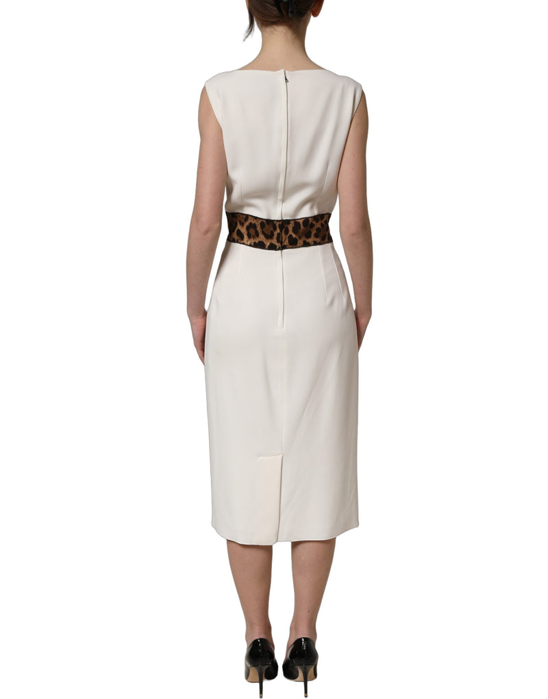Dolce & Gabbana White Leopard Sleeveless Sheath Midi Dress