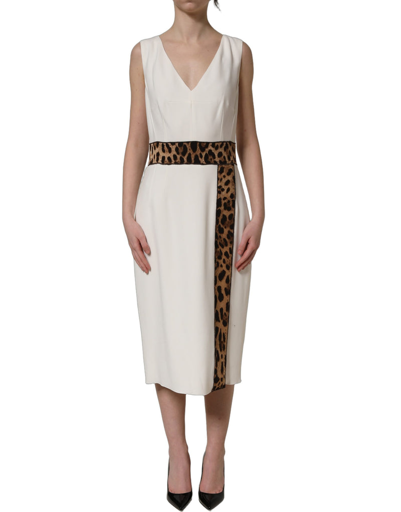 Dolce & Gabbana White Leopard Sleeveless Sheath Midi Dress
