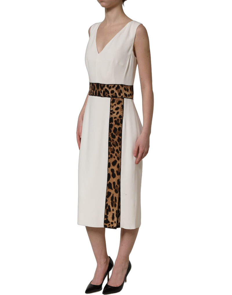Dolce & Gabbana White Leopard Sleeveless Sheath Midi Dress