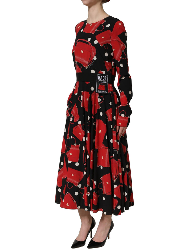 Dolce & Gabbana Black Handbag Print Long Sleeve Midi Dress