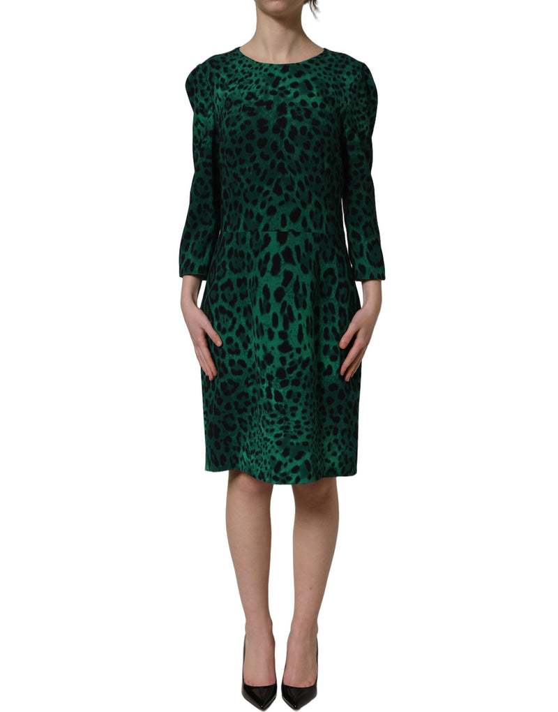 Dolce & Gabbana Green Leopard Print Silk Knee Length Dress