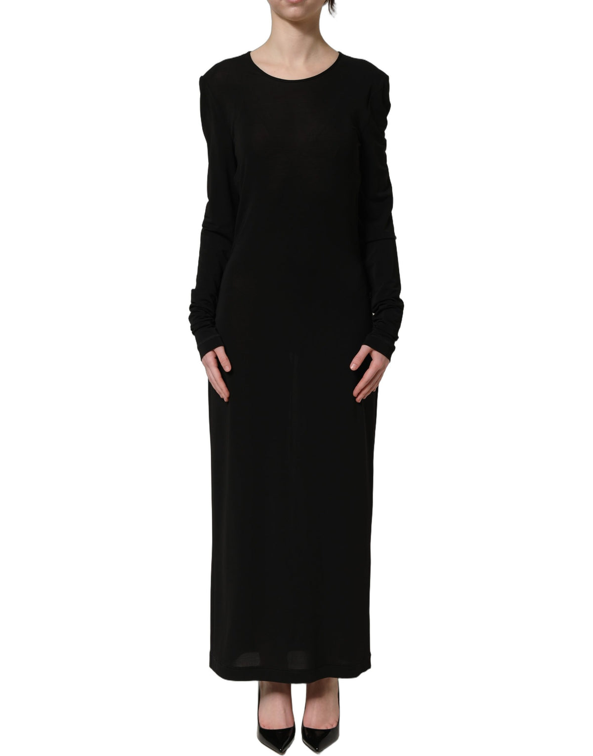 Dolce & Gabbana Black Cotton Long Sleeve Sheath Maxi Dress