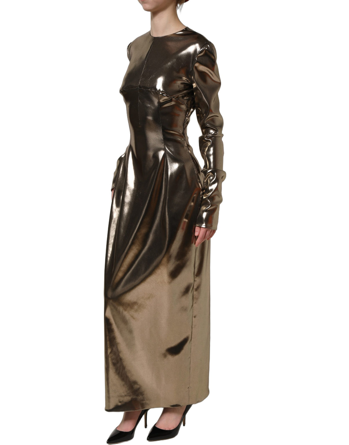 Dolce & Gabbana Metallic Gold Long Sleeve Maxi Dress