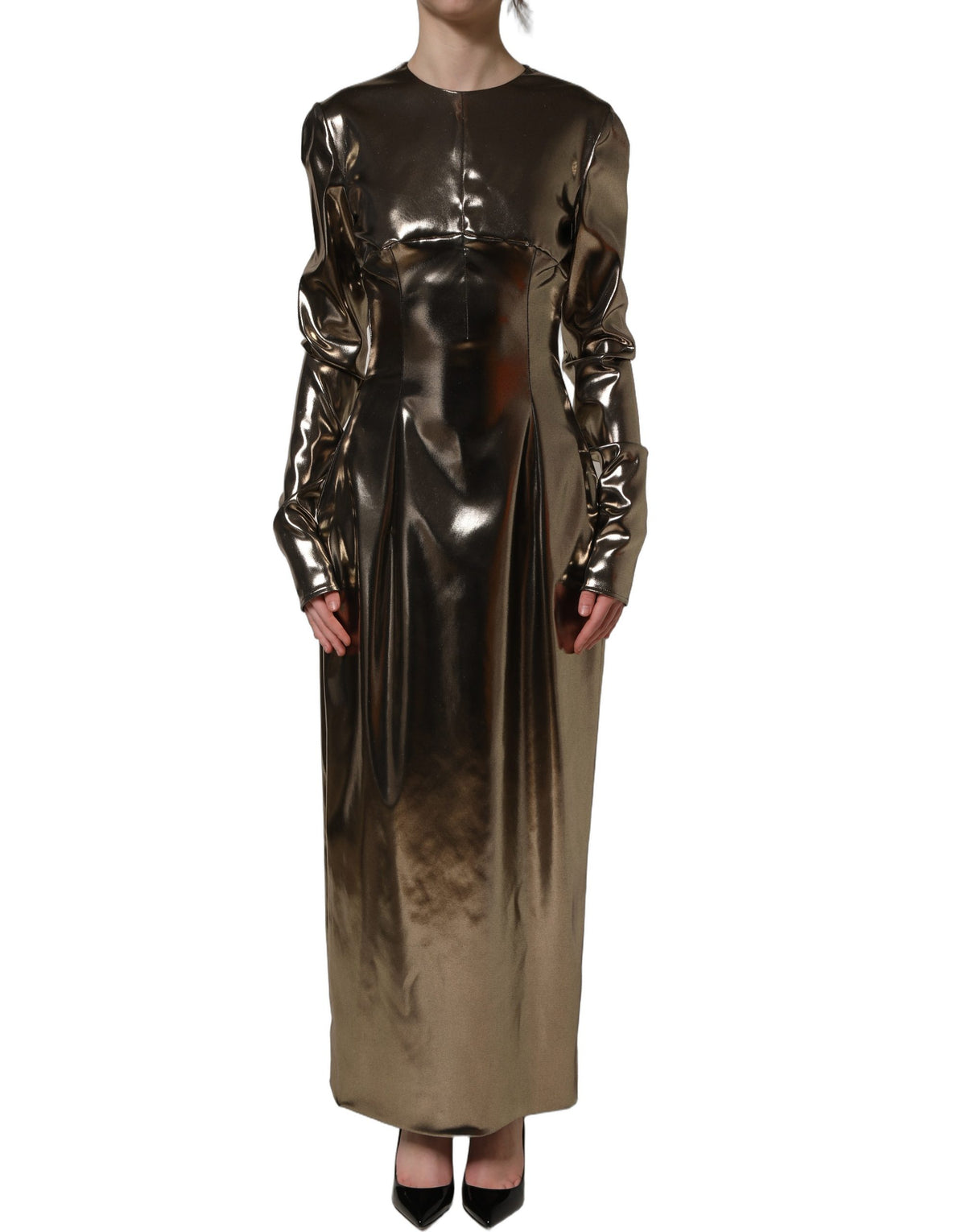 Dolce & Gabbana Metallic Gold Long Sleeve Maxi Dress
