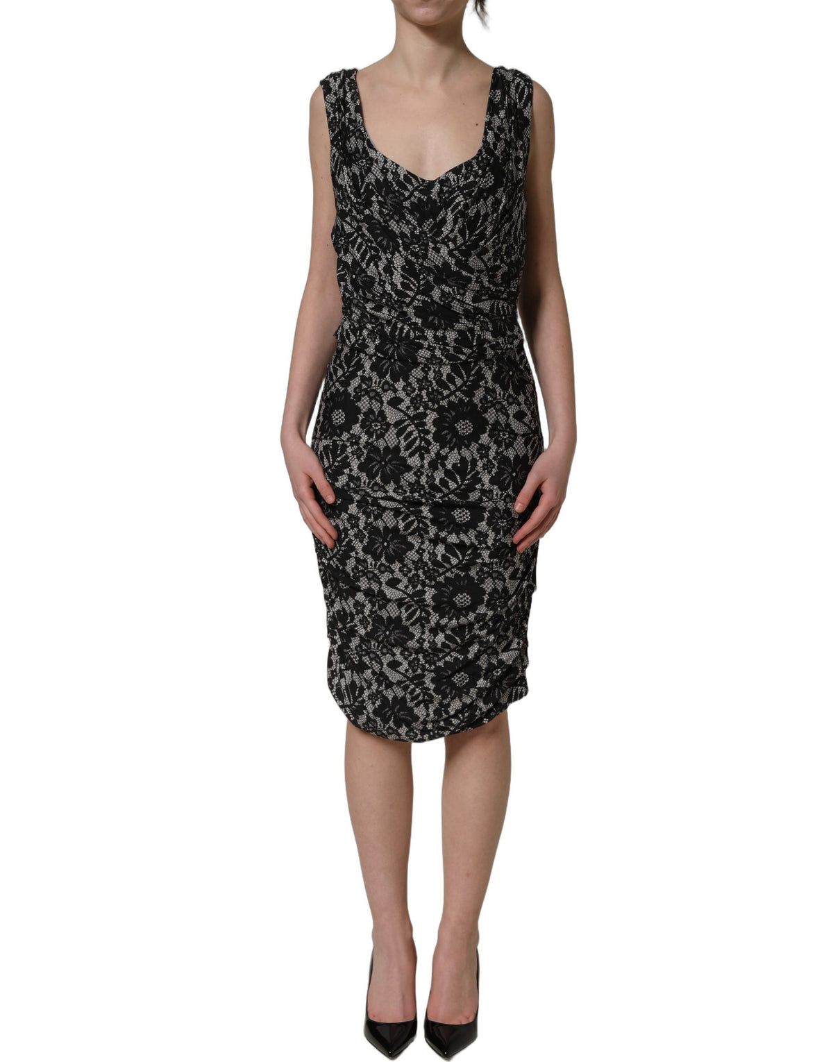 Dolce & Gabbana Black and White Floral Lace Sleeveless Midi Dress