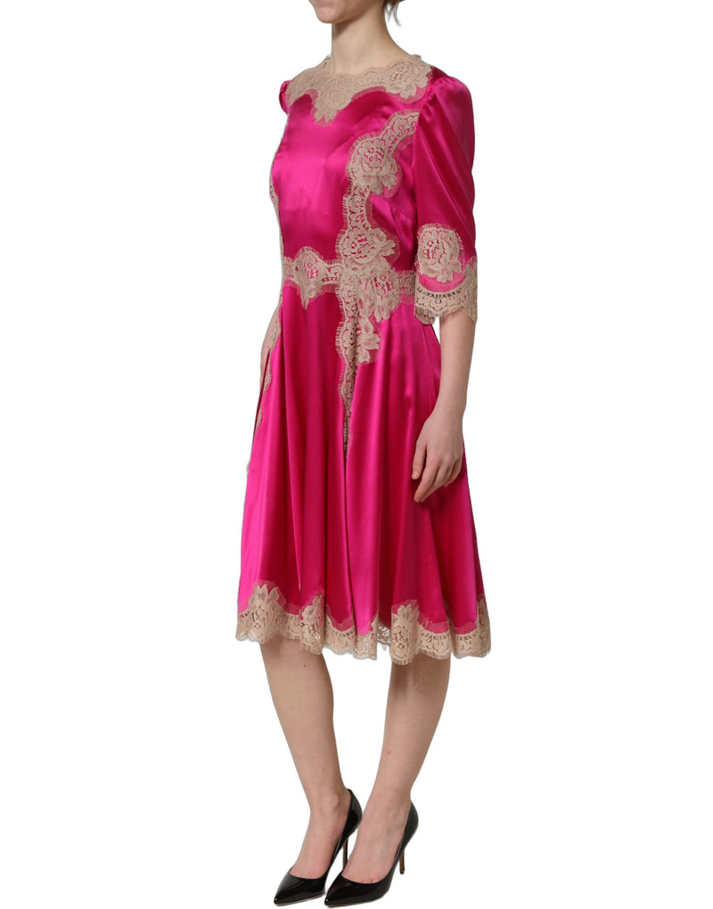 Dolce & Gabbana Fuchsia Pink Lace Detail A-line Midi Dress