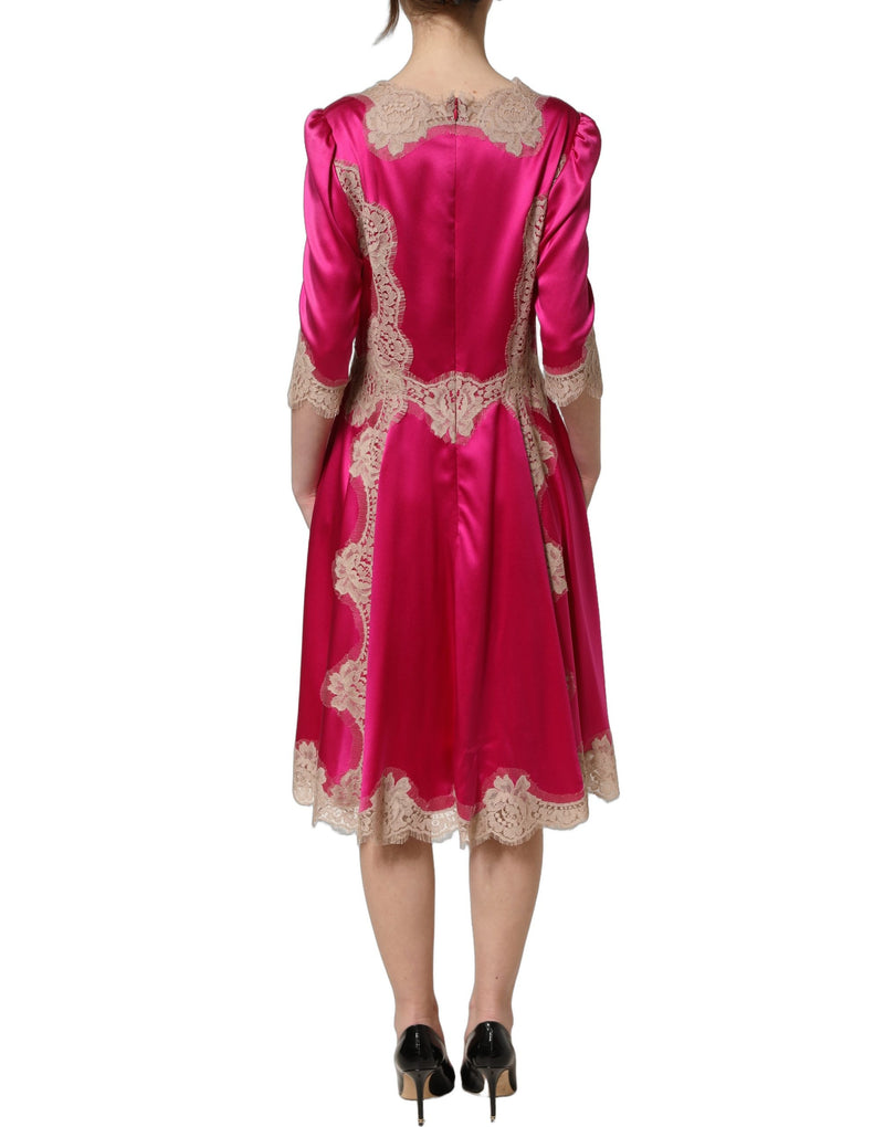 Dolce & Gabbana Fuchsia Pink Lace Detail A-line Midi Dress