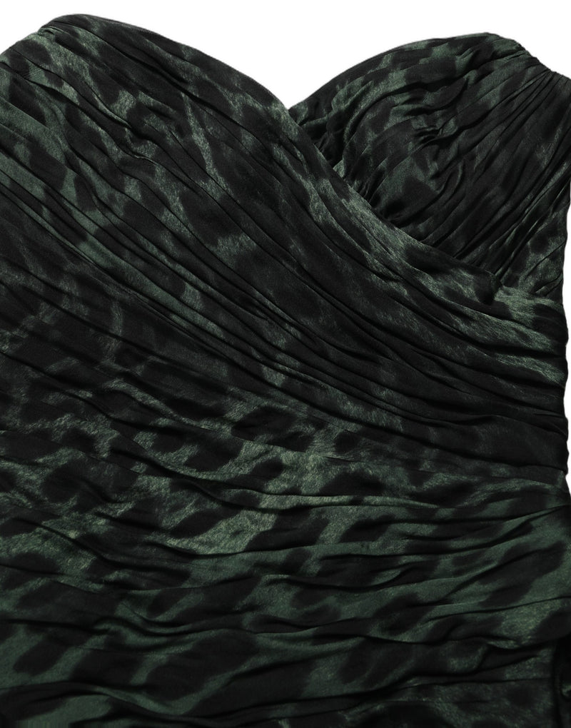 Dolce & Gabbana Green Leopard Print Bustier Draped Midi Dress