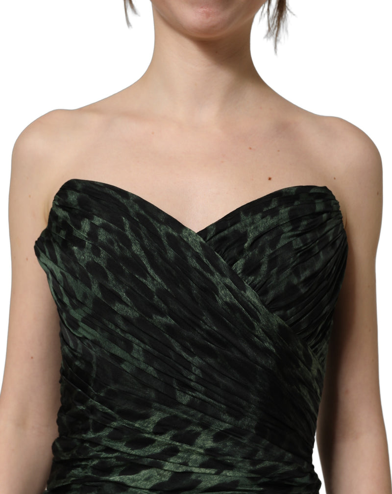 Dolce & Gabbana Green Leopard Print Bustier Draped Midi Dress