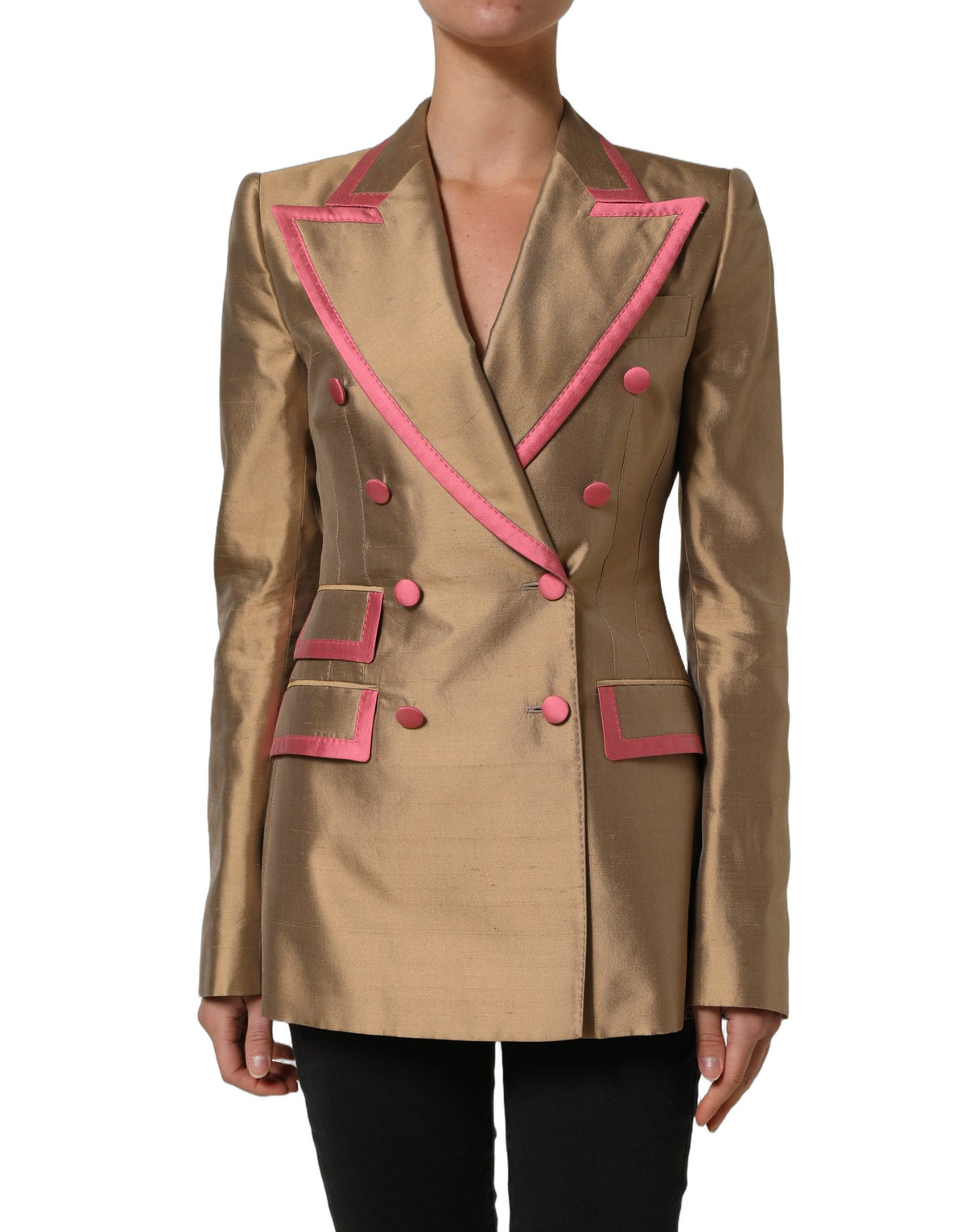 Dolce & Gabbana Gold Silk Double Breasted Blazer Jacket