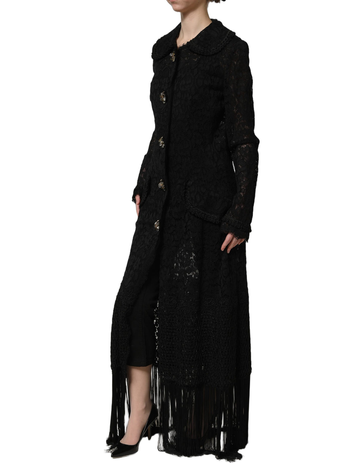 Dolce & Gabbana Black Embellished Guipure Lace Coat Jacket
