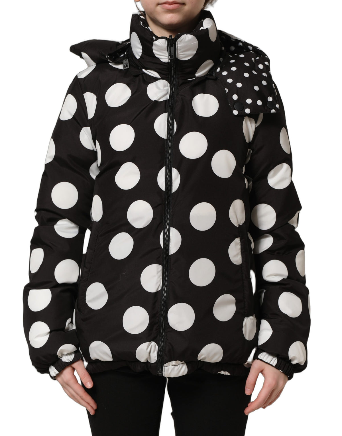 Dolce & Gabbana Black & White Polka Dot Hooded Blouson Jacket