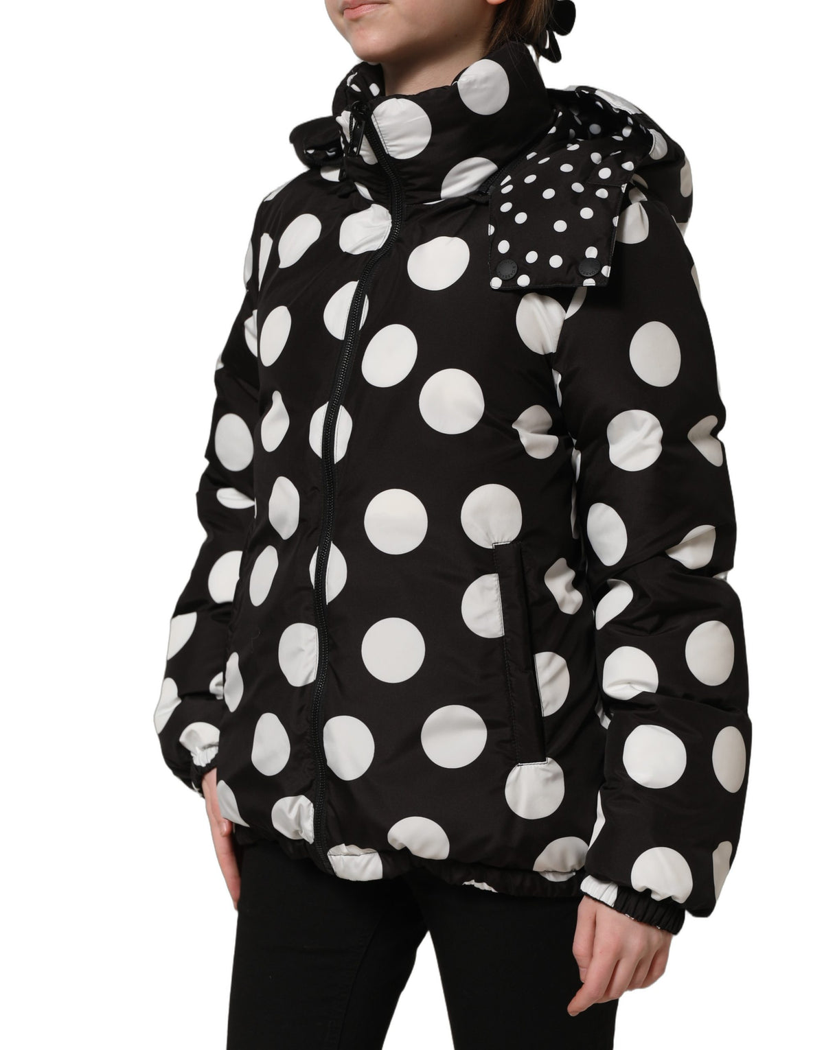 Dolce & Gabbana Black & White Polka Dot Hooded Blouson Jacket