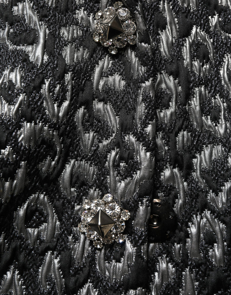 Dolce & Gabbana Black Silver Jacquard Leopard Coat Jacket
