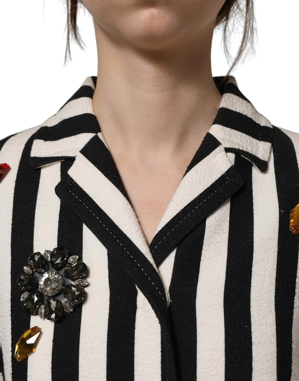 Dolce & Gabbana Black and White Striped Embellished Coat Jacket