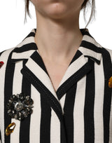 Dolce & Gabbana Black and White Striped Embellished Coat Jacket