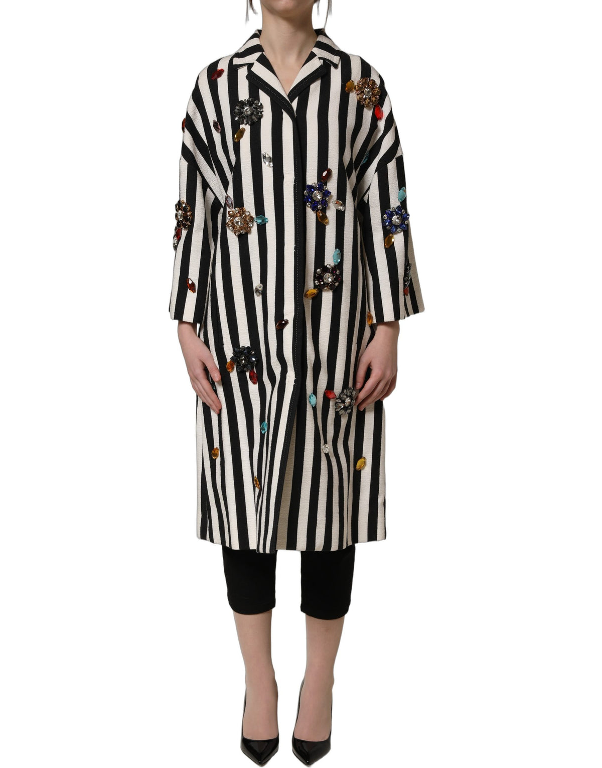 Dolce & Gabbana Black and White Striped Embellished Coat Jacket