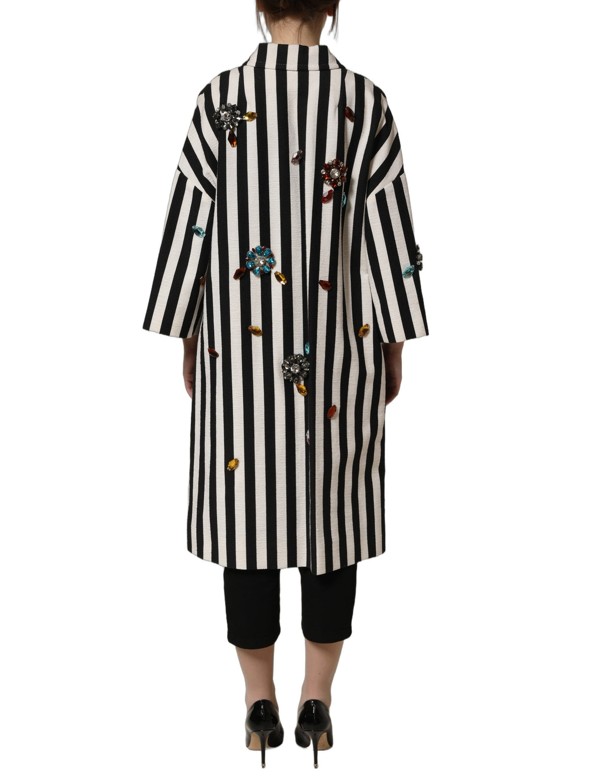 Dolce & Gabbana Black and White Striped Embellished Coat Jacket