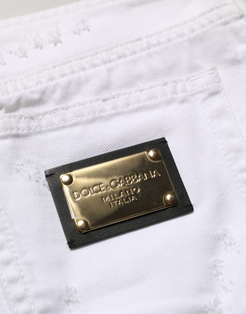Dolce & Gabbana White Distressed Cotton Denim Mini Skirt