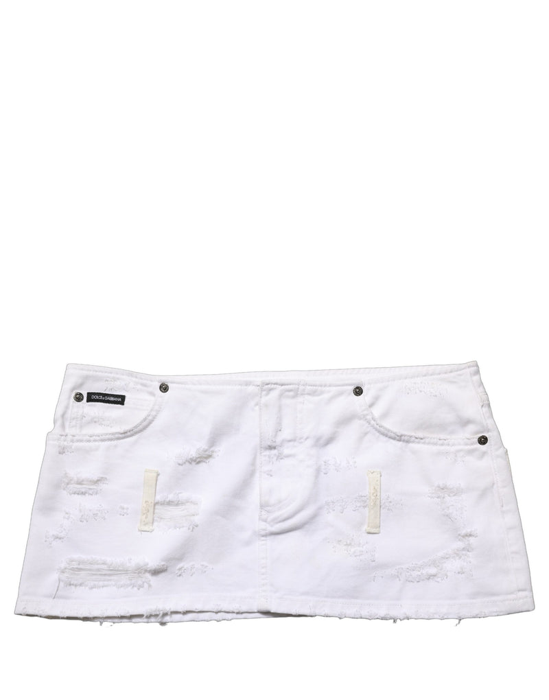 Dolce & Gabbana White Distressed Cotton Denim Mini Skirt