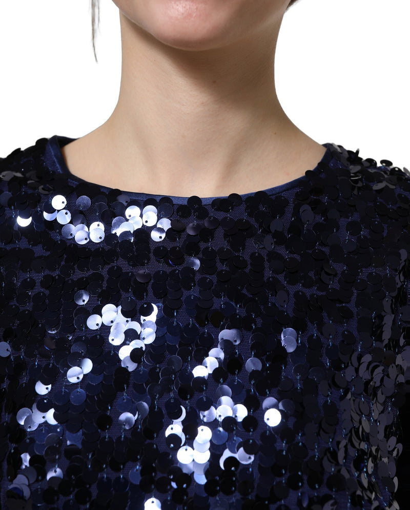 Dolce & Gabbana Blue Sequined Long Sleeves Crop Blouse Top