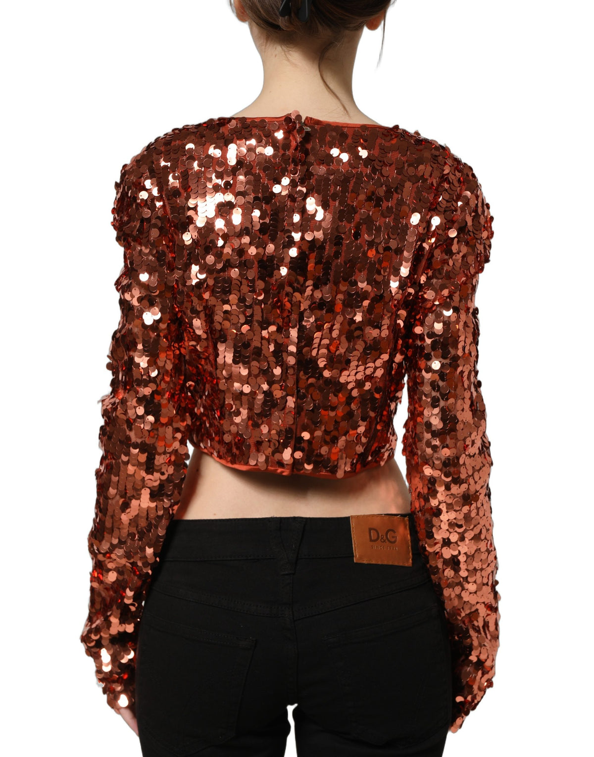 Dolce & Gabbana Red Sequined Long Sleeve Crop Blouse