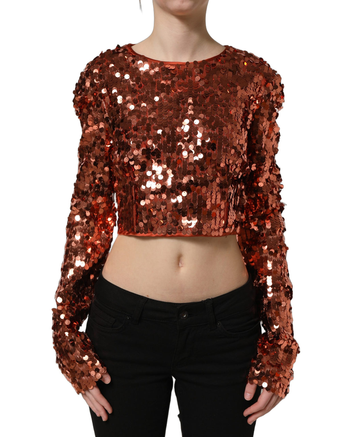 Dolce & Gabbana Red Sequined Long Sleeve Crop Blouse