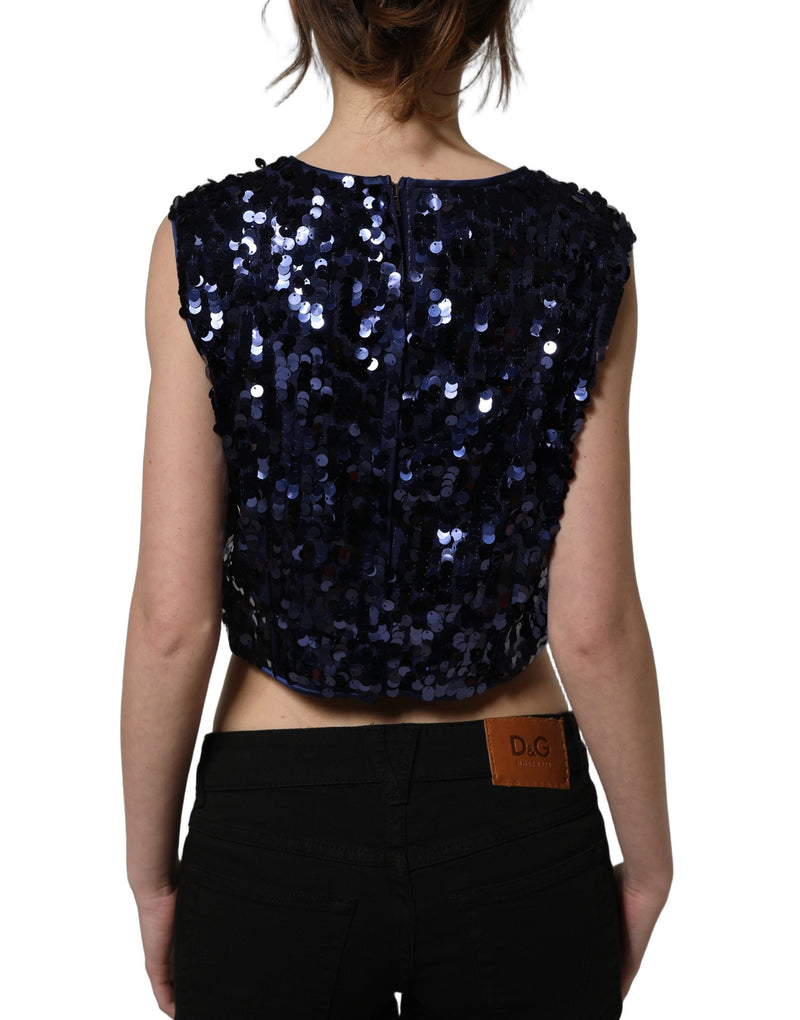Dolce & Gabbana Blue Sequined Sleeveless Cropped Tank Top