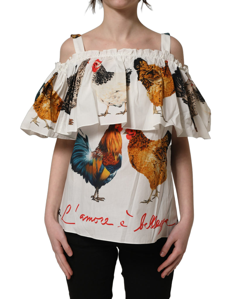Dolce & Gabbana White Rooster Print Off The Shoulder Top