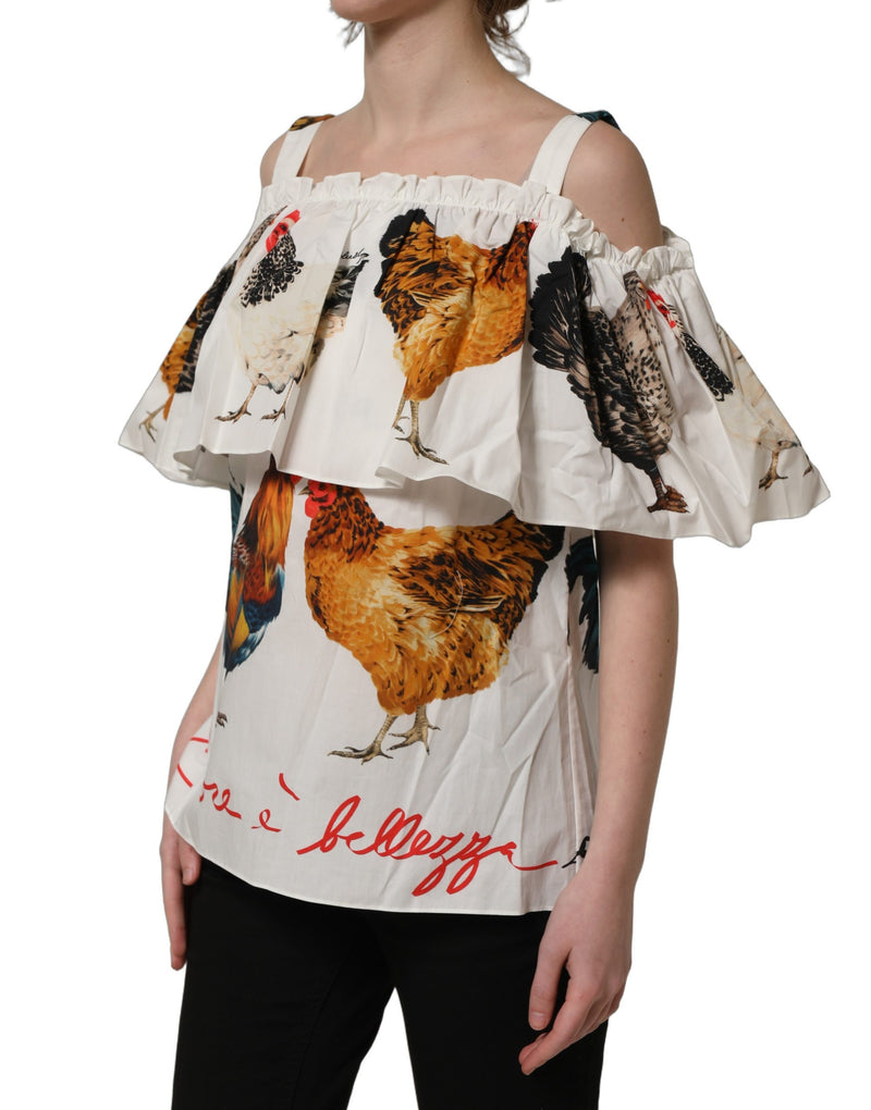 Dolce & Gabbana White Rooster Print Off The Shoulder Top