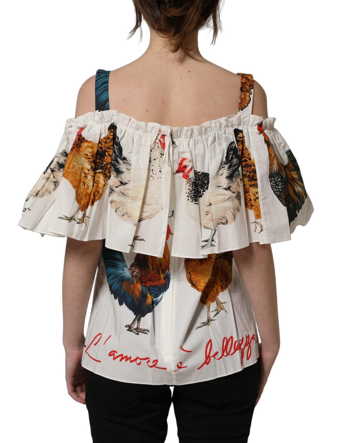 Dolce & Gabbana White Rooster Print Off The Shoulder Top