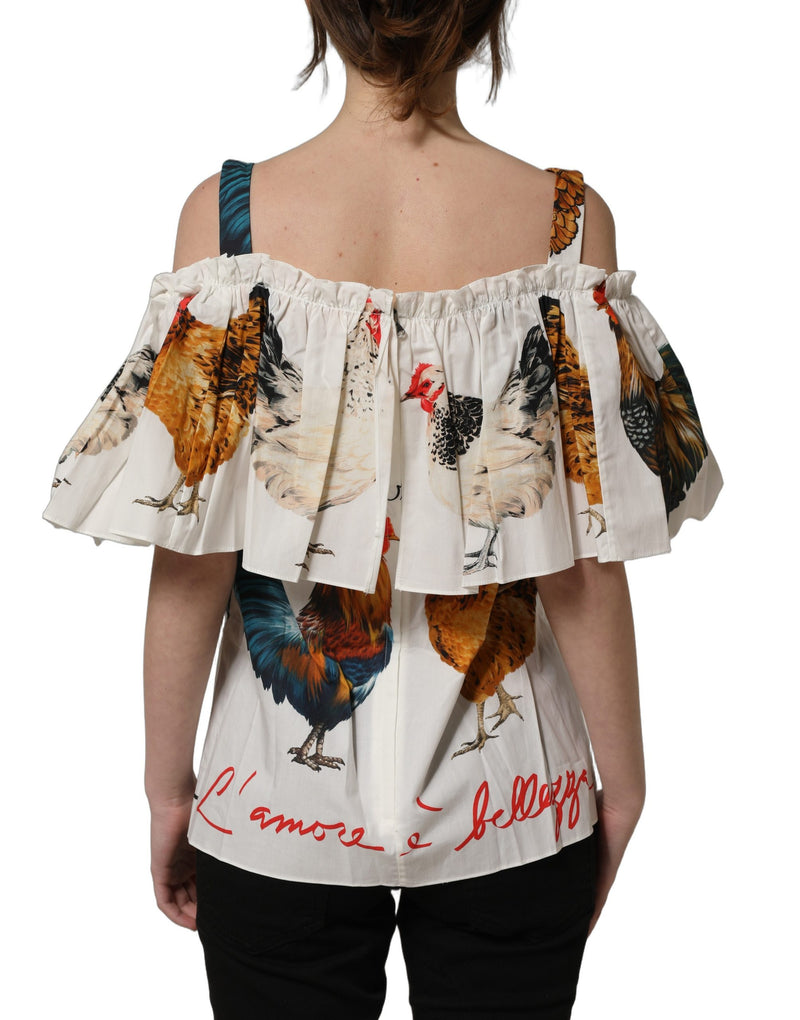 Dolce & Gabbana White Rooster Print Off The Shoulder Top