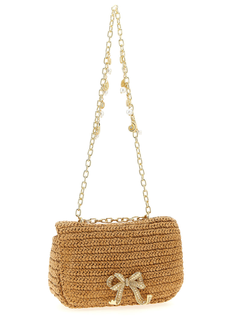 Self-Portrait Beige Raffia Shoulder Bag with Bow Charm