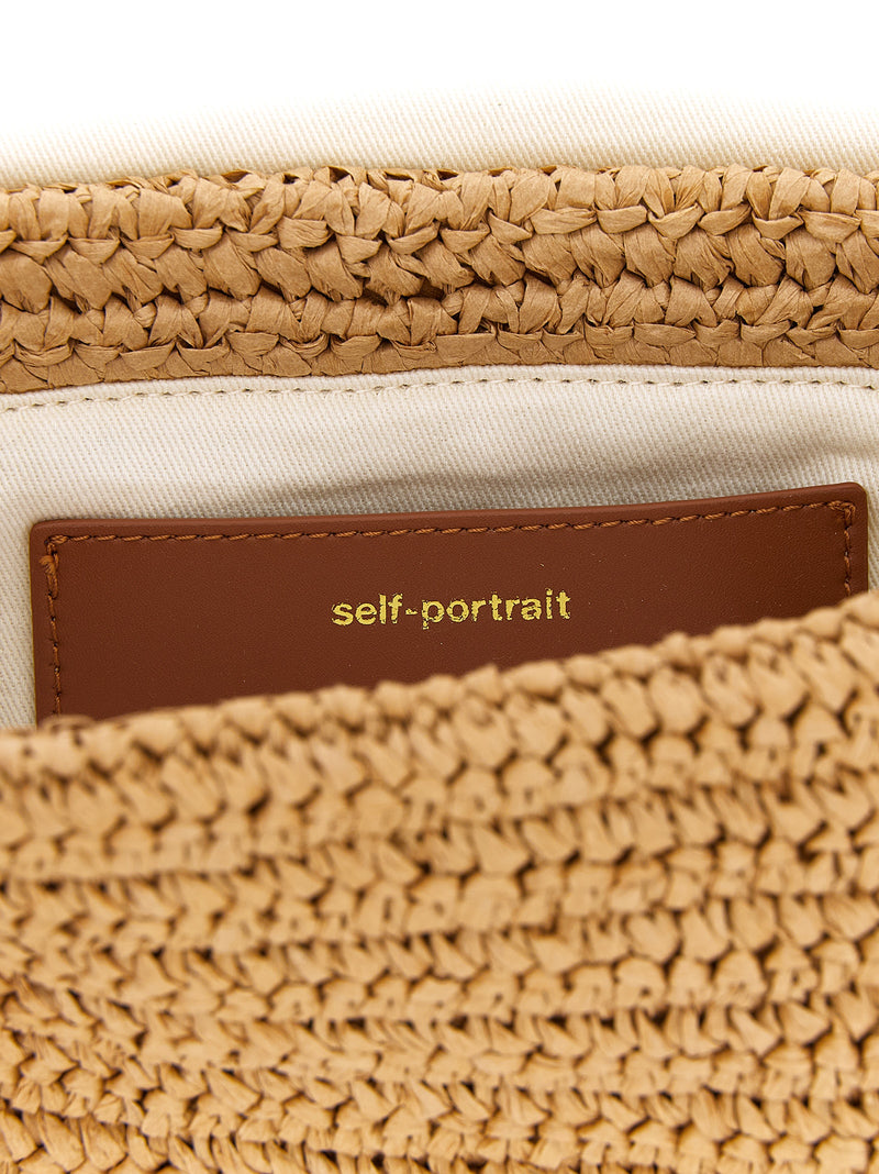 Self-Portrait Beige Raffia Shoulder Bag with Bow Charm