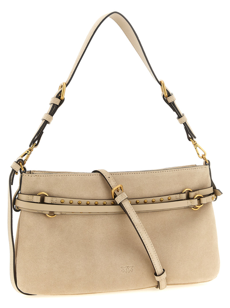 PINKO Beige Love Birds Diamond Cut Cowhide Shoulder Bag