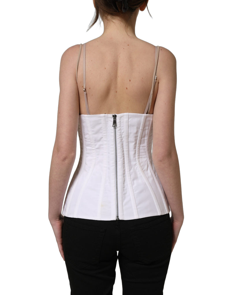 Dolce & Gabbana White Brown Cotton Sleeveless Corset Top