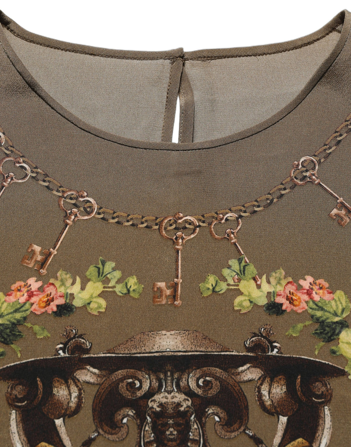 Dolce & Gabbana Brown Keys Roses Printed Silk Blouse Top
